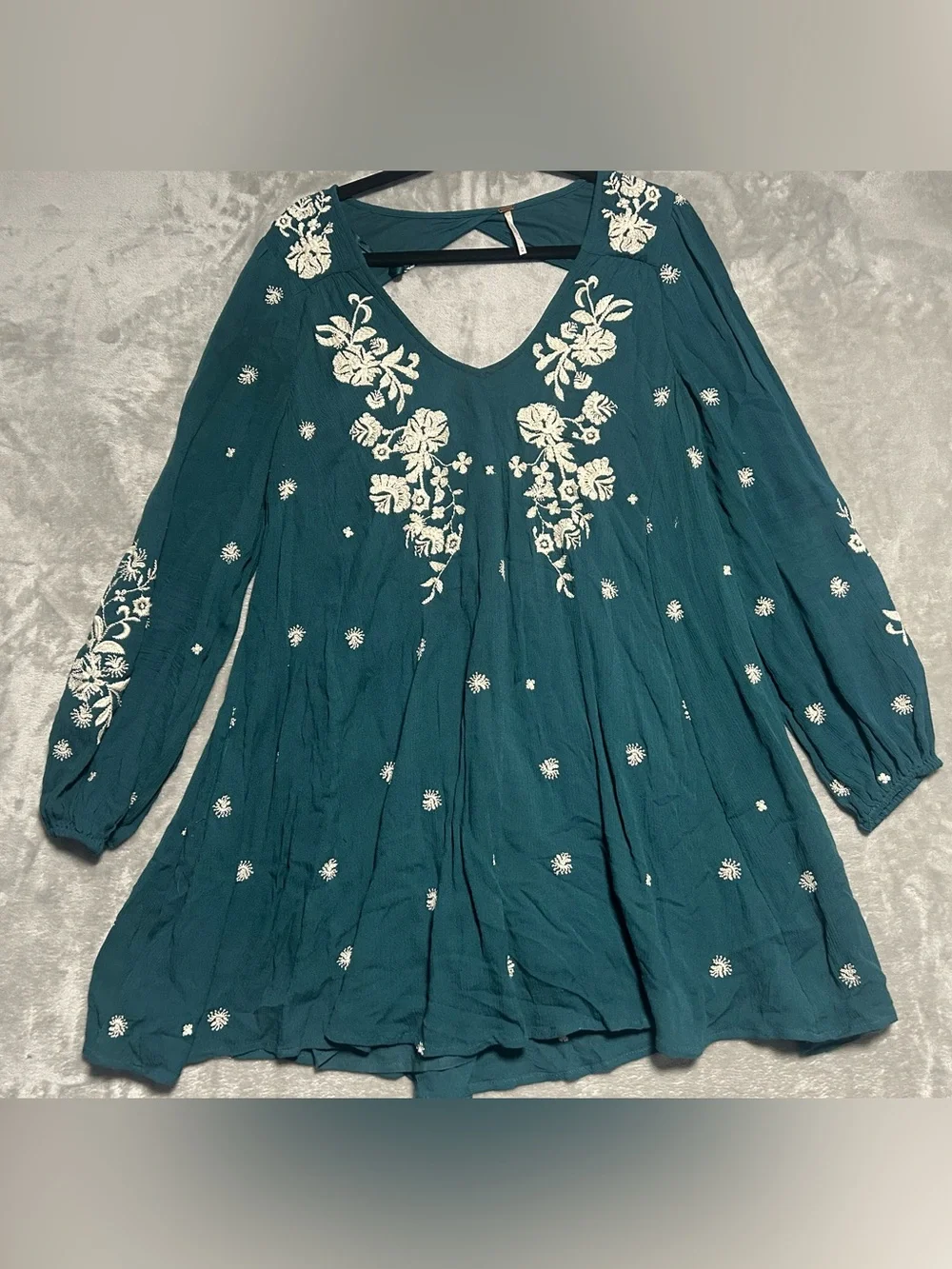 Free People Long Sleeve Embroidered Mini Dress Women’s Medium Teal Blue